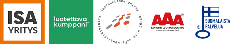 Viisi logoa: ISA-yritys, Luotettava kumppani, Kiinteistötyönantajat Ry:n jäsen, AAA-Korkein luottoluokitus ja Suomalaista palvelua -avainlippu