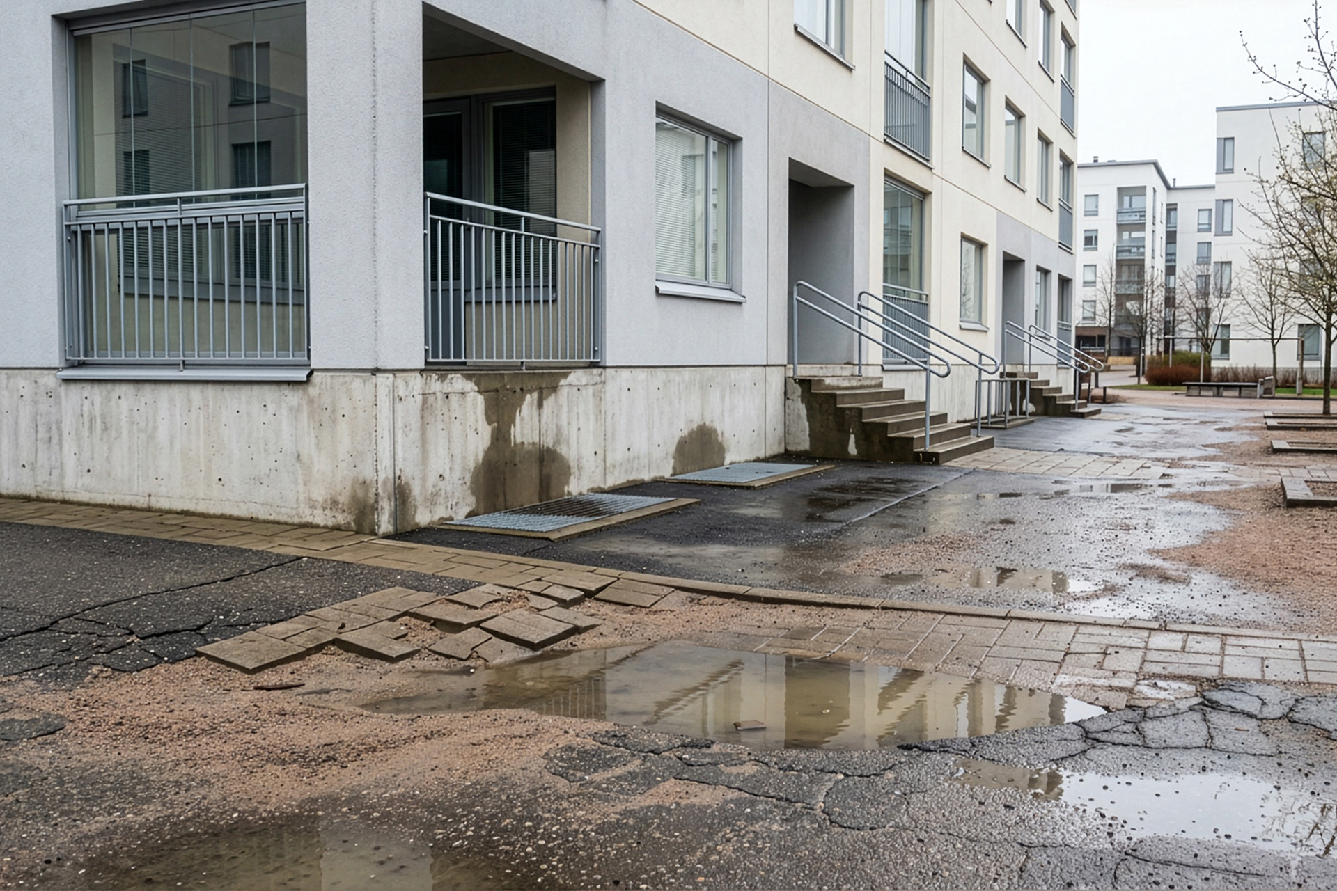 Harmaa betoninen kerrostalorakennus, sateinen ilma. Etualalla asfaltti on lohkeillut.