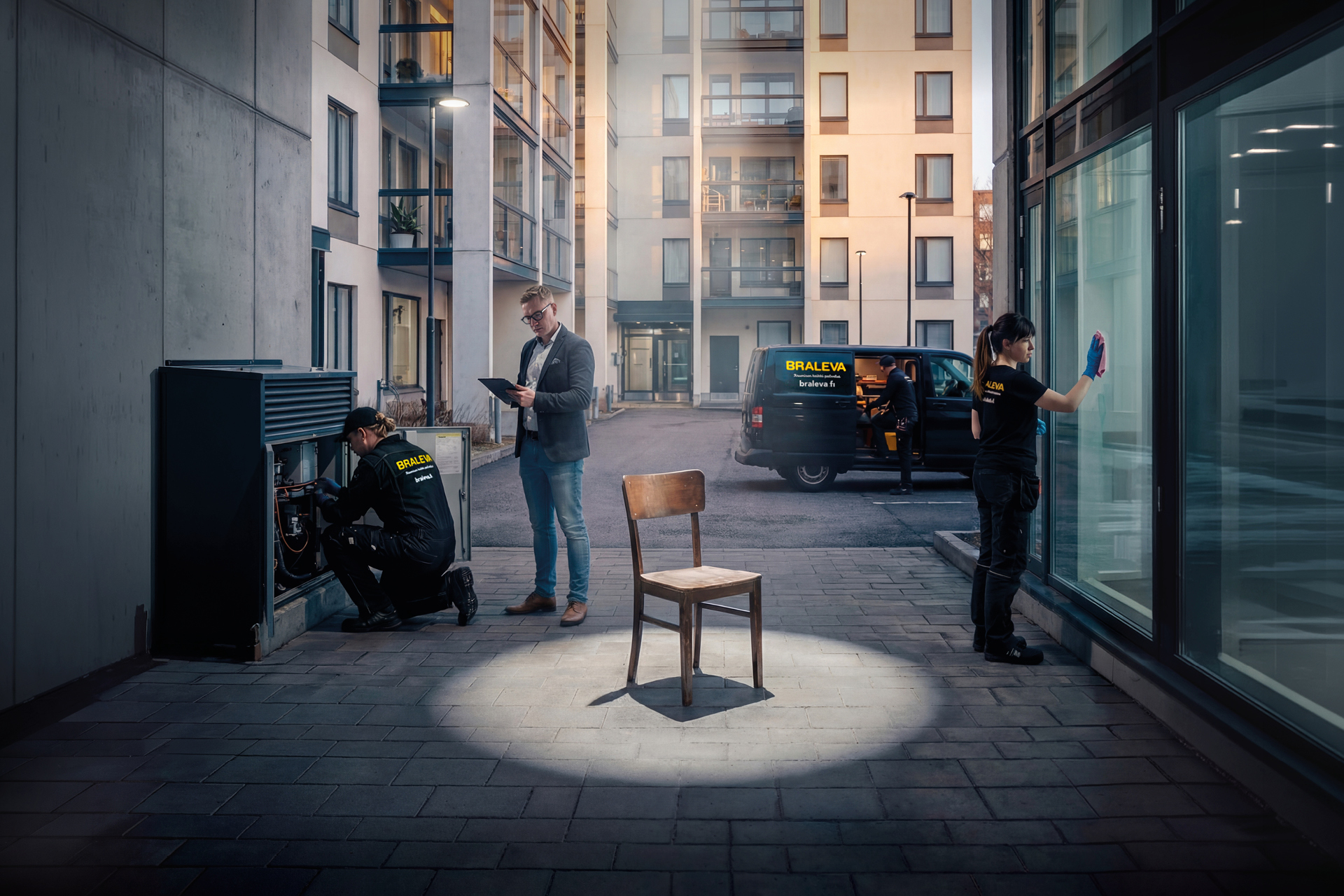 Keskellä kuvaa tyhjä puutuoli spottivalaistuksessa. Oikealla selvin polvillaan korjausmies korjaamassa sähkökaappia ja hänen takananaan mies kirjoitustaulu kädessä. Oikealla nainen luutuaa ikkunaa. Taustalla kiinteistöhuollon musta auto.